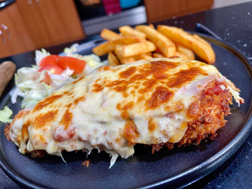 chicken parmigiana with panko crumbs and pizza cheese