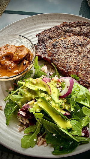 BBQ Steak with Creamy Mushroom Sauce and Beetroot Quinoa Salad
