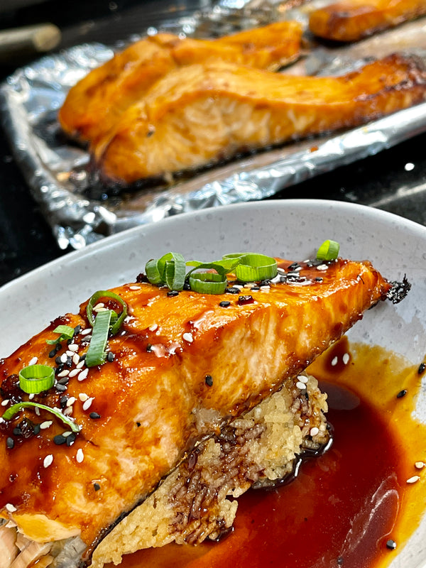 Teriyaki salmon and crispy rice