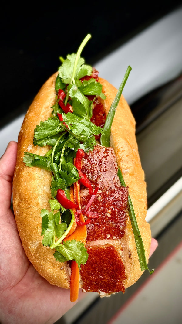 Homemade pork belly “Bang Me” bánh mì (Vietnamese roll)